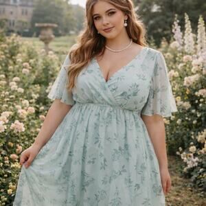 Sage Chiffon Floral Maxi Dress Sz XXL Cottagecore Bridgerton Romantic Soft Girl